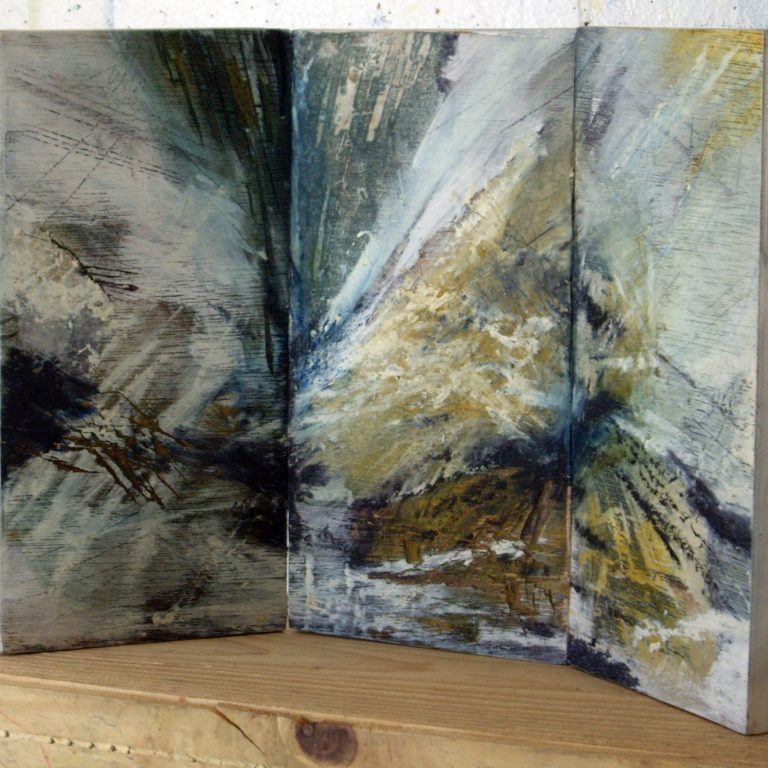 Espace mémoire - 1994, bois gravé, épreuves marouflées au dos des matrices, techniques mixtes, 3(28 x 14 cm)