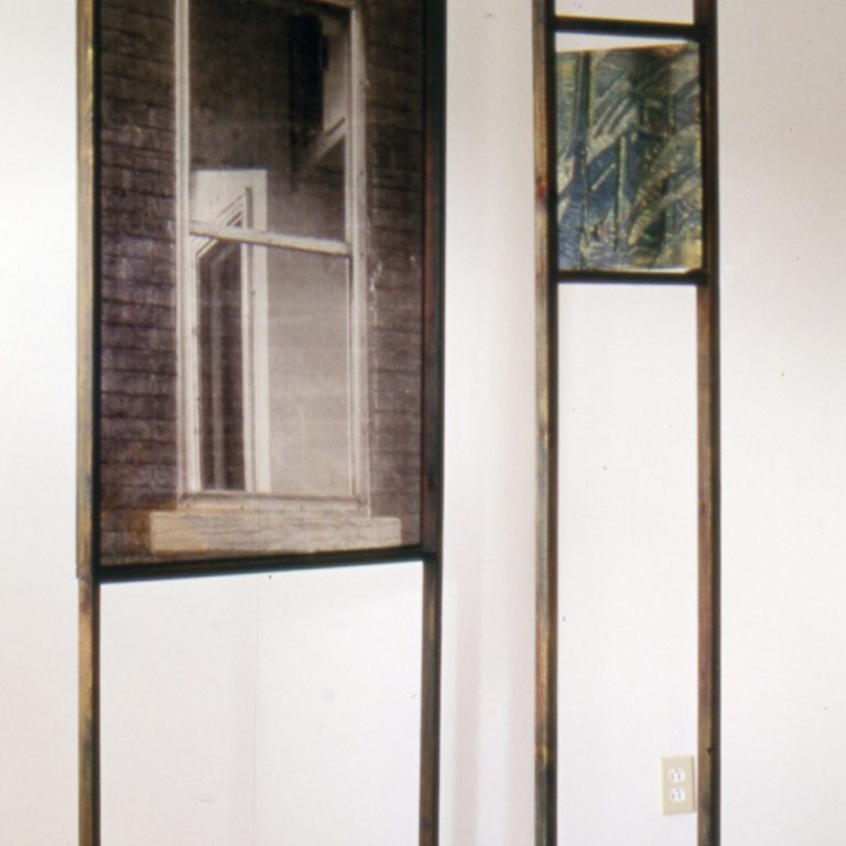 : « - 1995, photocopie sur acétate, bois gravé, épreuves marouflée au dos de la matrice, techniques mixtes dimensions