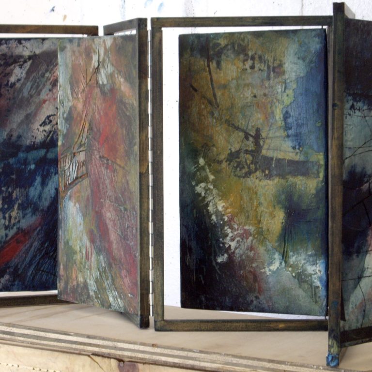 Champ libre - 1997, bois gravé, épreuves marouflées au dos des matrices, techniques mixtes, 68 x 117 x 38 cm