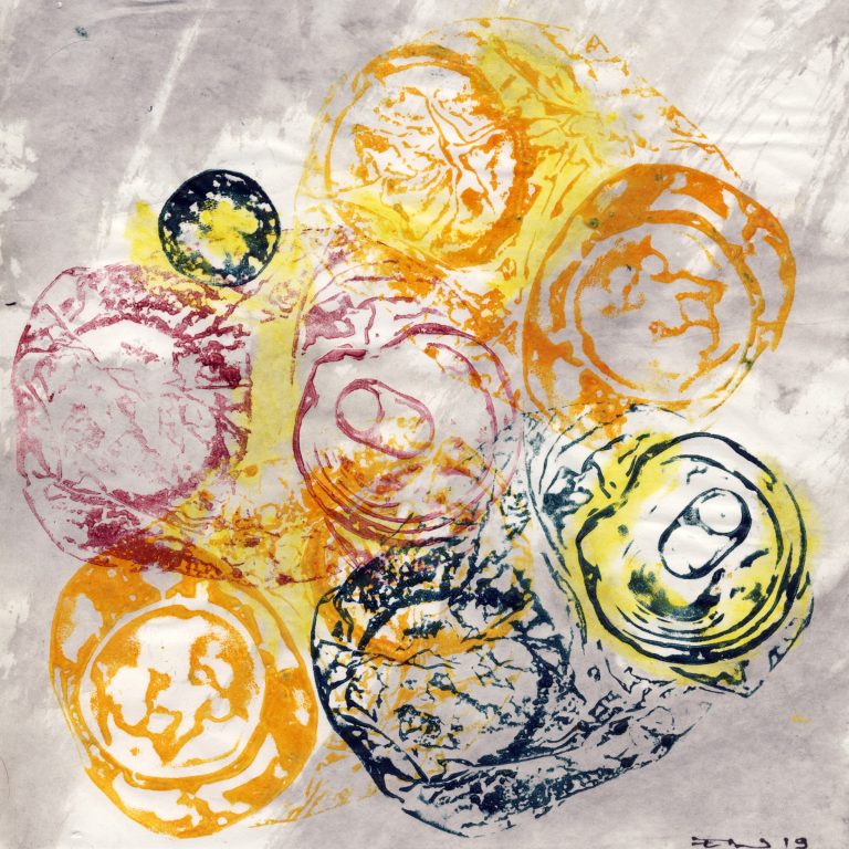 sans titre, 2019, monotype : impression en relief d'objets trouvés, encre 20,5 x 20 cm