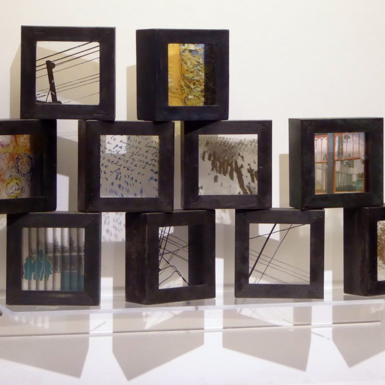 FICTIONS - 2019, assemblage : objets trouvés, photocopie et impression à jet d'encre sur acétate, 39 x 68 x 14 cm